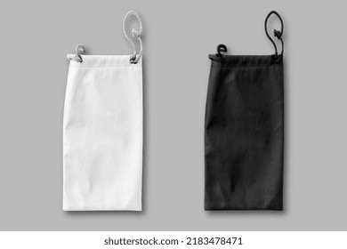 Blank Black And White Fabric Pouch Case Bag For Glasses. Mockup Isolated On A Grey Background. 3d Rendering.