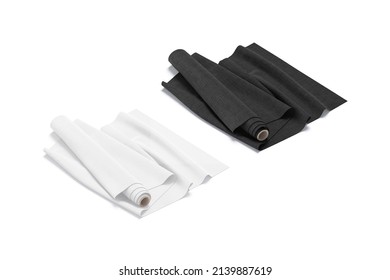 Blank Black And White Fabric Unfolded Roll Mockup, Side View, 3d Rendering. Empty Cotton Or Drapery Sampler For Tailor Tool Mock Up, Isolated. Clear Sewing Rolled Material Selection Template.