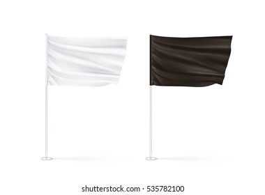 Blank Black And White Flag Mockup Set, Waving, 3d Rendnering. Clear Rippled Flagpoles Design Mock Up Isolated. Poles With Banners On Wind. Business Branding Cloth Pennon. Clean Pillars Presentation.