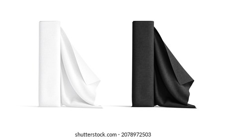 Blank Black And White Folded Fabric Roll Mockup Stand, Isolated, 3d Rendering. Empty Silk Or Linen Natural Tissular Mock Up, Front View. Clear Velvet Or Cloth Drapery Sample Template.