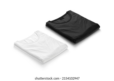 Blank Black And White Folded Square T-shirt Mockup, Side View, 3d Rendering. Empty Textile Basic Apparel For Woman Or Man Mock Up, Isolated. Clear New Crumpled Jersey Tshirt With Tag Template.