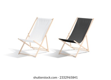 Silla de playa plegable blanca y negra en blanco, vista lateral, representación 3d. Lounge de hondas vacías colapsables para descansar en broma, aislado. Hamaca de madera clara para las vacaciones marítimas. Ilustración 3D
