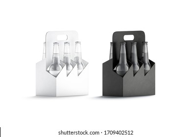 Blank Black And White Glass Beer Bottle Cardboard Holder Mockup Set Half-turned View, 3d Rendering. Empty Box With Handle For Glass Botle Mock Up, Isolated. Clear Canned Beverage Pack Mokcup Template.