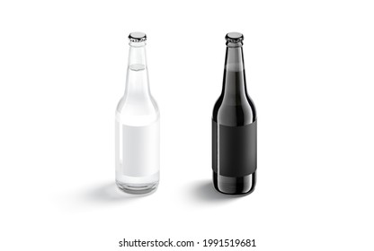 Blank Black And White Glass Beer Bottle With Label Mockup, 3d Rendering. Empty Refreshing Beer Or Lemonade Pack Mock Up, Side View, Isolated. Clear Stand Vial With Cold Water Template.