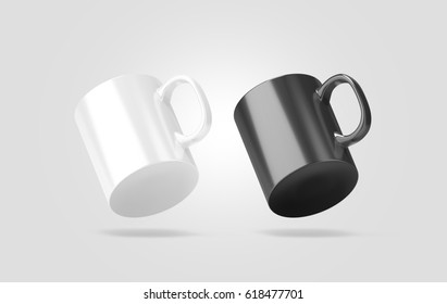 Blank Black And White Glass Mug Mockup Isolated, No Gravity View, 3d Rendering. Clear 11 Oz Coffee Cup Mock Up For Sublimation Printing. Empty Gift Pint Set Branding Template. Glassy Restaurant Pint