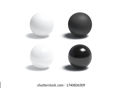 Blank Black And White Gloss And Matte Ball Mockup Set, 3d Rendering. Empty Plastic Or Rubber Orb Figure Mock Up, Isolated. Clear Satined And Matt Smooth Material Mokcup Template.