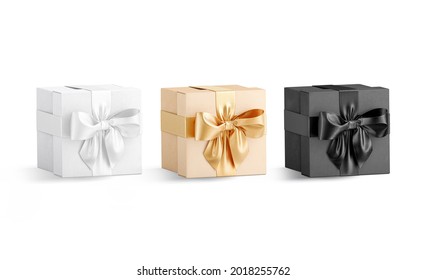 Blank Black, White, Gold Gift Box With Ribbon Bow Mockup, 3d Rendering. Empty Birthday Or Valentine Craft Container Mock Up, Side View, Isolated. Clear Handmade Carton Basket For Wrap Template.