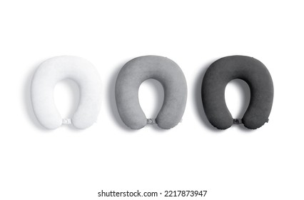 Blank black, white and gray travel pillow mockup, top view, 3d rendering. Empty inflatable traveling pillows for cervical mock up, isolated. Clear fluffy support cushion cover. 3D Illustration