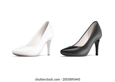 Blank Black And White High Heels Shoes Mockup, Half-turned View, 3d Rendering. Empty Elegant Women Footwear Mock Up, Isolated. Clear Spike Heel Boots For Classic Uniform Template.