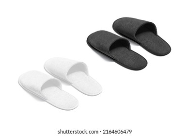 Blank Black And White Home Slippers Mockup, Back Side View, 3d Rendering. Empty Furry Clog Shoes For Household Mock Up, Isolated. Clear Mule Sandals Or Welcome Slipper Template.