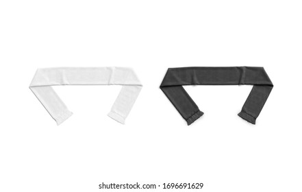 Blank black and white knitted soccer scarf mockup set, top view, 3d rendering. Empty sign or banner for rooter on football game mock up, isolated. Clear buff for season match mokcup template.