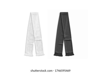 Blank black and white knitted soccer scarf mockup set, top view, 3d rendering. Empty season euro fan clothing mock up, isolated. Clear accessory muffler for football supporter mokcup template.