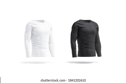 Blank Black And White Longsleeve T-shirt Mockup Set, Side View, 3d Rendering. Empty Jersey Fitness Uniform Mock Up, Isolated. Clear Textile Tshirt Neckline For Sport Training Template.