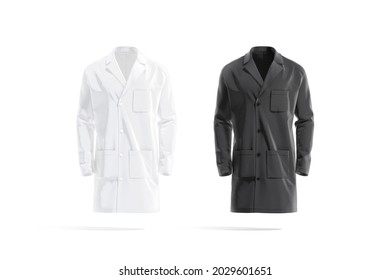 Blank Black And White Medical Lab Coat Mockup, Front View, 3d Rendering. Empty Labcoat With Pocket For Clinical Surgeon Mock Up, Isolated. Clear Laboratory Overcoat Or Banyan For Doc Template.