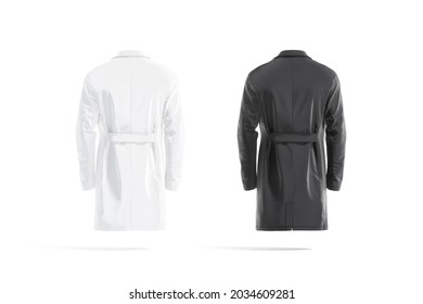 Blank black and white medical lab coat mockup, back view, 3d rendering. Empty nurse or doctors protective whites mock up, isolated. Clear robe model for surgeon or professional scientist template.