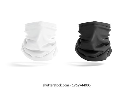 blank black and white neck gaiter mock up, front view, 3d rendering. Empty headband buff for safety equipment mockup, isolated. Clear protect neck warmer for sport template.