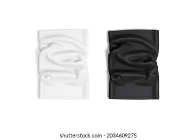 Blank Black And White Neck Gaiter Mockup Front, Top View, 3d Rendering. Empty Cloth Safety Equipment For Cycling Mock Up, Isolated. Clear Headwear Or Protective Buff For Mouth Template.