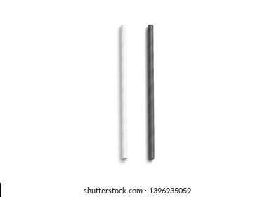 Blank black and white paper straw mockup isolated, top view, 3d rendering. Clear drink pipe mock up lies. Empty eco party tube for cocktails. Disposable recycling tubule for milk shake.