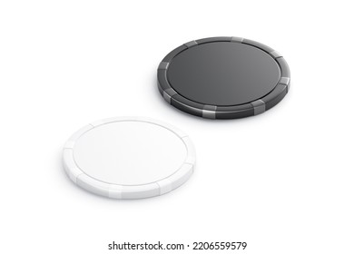 Blank Black And White Plastic Round Chip Mockup, Side View, 3d Rendering. Empty Poker Or Blackjack Coin For Parlay Mock Up, Isolated. Clear Hazard Board Games Currency For Casino. 3D Illustration