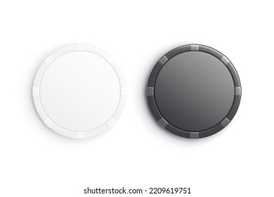 Blank Black And White Plastic Round Chip Mockup, Top View, 3d Rendering. Empty Gambling Badge For Roulette Or Blackjack Mock Up, Isolated. Clear Poker Cash For Club Betting Template. 3D Illustration