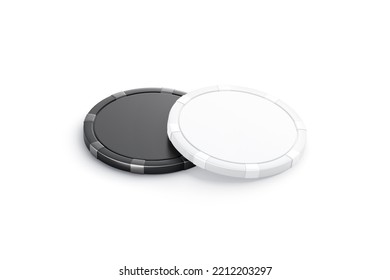 Blank Black And White Plastic Round Chip Mockup Pair, Isolated, 3d Rendering. Empty Currency Slot Stack For Betting Mock Up, Side View. Clear Finance For Board Games Or Poker Gaming. 3D Illustration