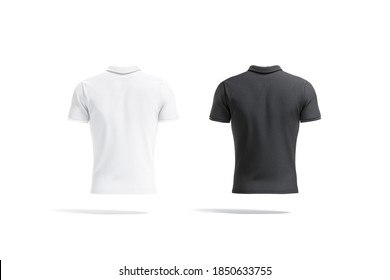 Blank Black And White Polo Shirt Mockup, Back View, 3d Rendering. Empty Fabric Jersey For Golf Uniform Mock Up, Isolated. Clear Man Classic Clothes With Collar Template.