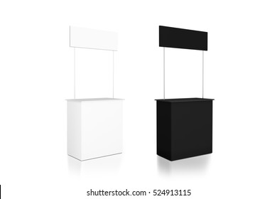 Blank Black And White Promo Counter Mockup Stand, Side View, 3d Rendering. Trade Promotional Pop Up, Exhibition Mock Up Set.