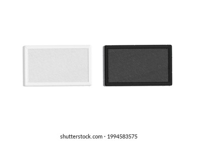 Blank Black And White Rectangle Embroidered Patch Mockup, Top View, 3d Rendering. Empty Sewn Attachment Label Mock Up, Isolated. Clear Thread Element For Police Template.