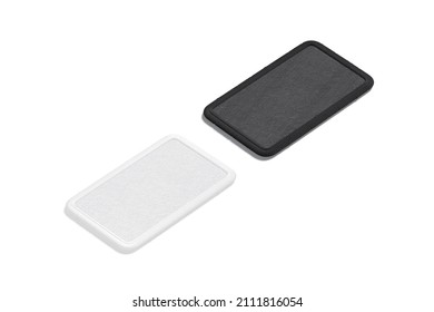 Blank Black And White Rectangle Embroidered Patch Mockup, Isolated, 3d Rendering. Empty Stitched Iron On Attachment Mock Up, Side View. Clear Embroidery Fabric Onlay For Army Template.