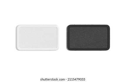 Blank Black And White Rectangle Embroidered Patch Mockup, Top View, 3d Rendering. Empty Textile Round Corners Badge Mock Up, Isolated. Clear Symbolic Embroidery Label For Shoulder Straps Template.