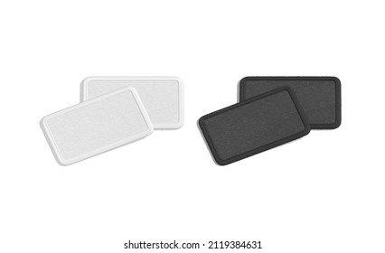 Blank Black And White Rectangle Embroidered Patch Mockup Pair, Isolated, 3d Rendering. Empty Round Corners Label For Military Sign Mock Up. Clear Stitches Embroidery Icon Template.