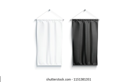 Blank black and white rectangle pennant mock up, isolated, 3d rendering. Clear penant hanging on wall mockup, front view. Empty flag template