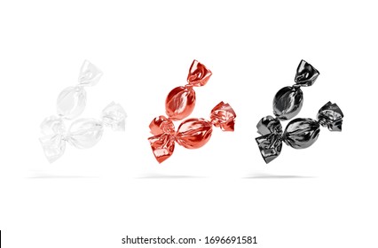 Blank Black, White And Red Hard Candy Foil Wrapper Mockup, 3d Rendering. Empty Cellophane Wrapped For Sweet Bonbon Mock Up, Isolated. Clear Small Dragee With Packaging Mokcup Template.