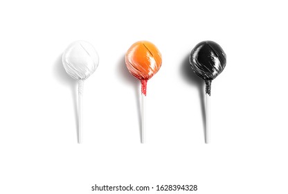 Blank Black, White And Red Lollipop Wrapper Mockup Set Lying, 3d Rendering. Empty Round Unhealthy Candy Pack Mock Up, Isolated, Top View. Clear Bonbon With Foil Wrapping Mokcup Template.