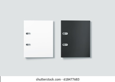 Blank Black And White Ring Binder Folder Cover Mockup Top View, 3d Rendering. Self-binder Mock Up With Stack Of A4 Paper. Office Supply Cardboard Folder Branding Presentation. Desk Lever Arch File.