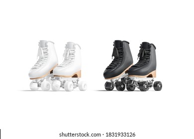 Blank Black And White Roller Skates Mockup Pair On Tiptoe, 3d Rendering. Empty Disco Skating Shoe Mock Up Set, Isolated, Half-turned View. Clear Old-fashioned Rollerskates For Rink Racing Template.