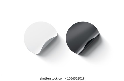 Blank Black And White Round Adhesive Sticker Mockup With Curved Corner. Empty Circle Sticky Label Mock Up With Curl. Clear Adherent Tag Template For Glass Door Or Wall.