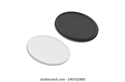 Blank Black And White Round Embroidered Patch Mockup, Side View, 3d Rendering. Empty Onlay Badge For Culture Symbolic Mock Up, Isolated. Clear Embroidery Textile Label Template.