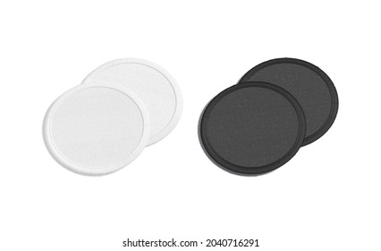 Blank Black And White Round Embroidered Patch Mockup Pair, Isolated, 3d Rendering. Empty Embroidery Cotton Icon Mock Up, Side View. Clear Vintage Iconic For Military Print Template.