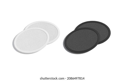 Blank Black And White Round Embroidered Patch Mockup Pair, Isolated, 3d Rendering. Empty Circular Cotton Attachment Mock Up, Side View. Clear Textile Onlay Symbol For Unity Template.