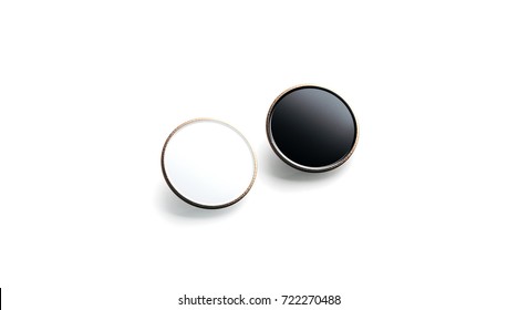 Blank Black And White Round Gold Lapel Badge Mock Up, Side View, 3d Rendering. Empty Luxury Hard Enamel Pin Mockup. Golden Clasp-pin Design Template. Expensive Square Brooch For Logo Presentation