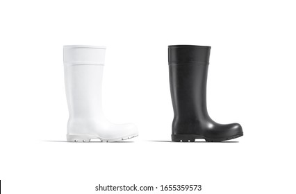 Blank black and white rubber wellington boot mockup set, 3d rendering. Empty wellies overshoes for industry work mock up, isolated. Clear gum-boots for rain protection mokcup template.