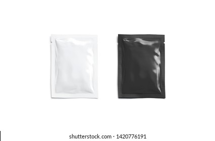 Blank black white sachet packet mockup, isolated, top view, 3d rendering. Empty sealed parcel mock up with salt, pepper, sugar, tea. Clear airtight small bag for medication. Clean pack with food.