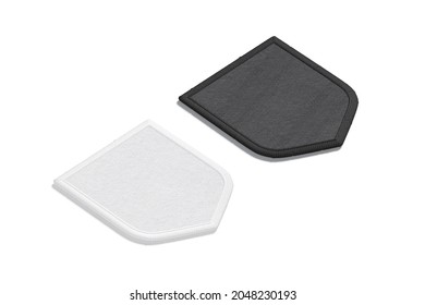 Blank Black And White Shield Embroidered Patch Mockup, Side View, 3d Rendering. Empty Sewn Embroidery Symbol Mock Up, Isolated. Clear Decoration Cotton Onlay Sign Template.