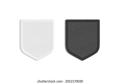 Blank Black And White Shield Embroidered Patch Mockup, Top View, 3d Rendering. Empty Fabric Stripe Attachment Mock Up, Isolated. Clear Sewn Label Or Badge For Stitches Iconic Template.