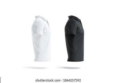 Blank Black And White Shirt Mockup, Side View, 3d Rendering. Empty Male Textile T-shirt With Collar Mock Up, Isolated. Clear Jersey Clothing With Button And Sleeve Template.