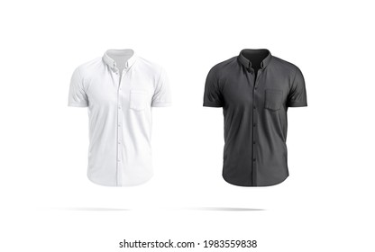 Mockup de la camisa con botón de manga corta en blanco y negro, 3d representación. Camiseta de tela vacía con el bolsillo burlándose, aislada, vista frontal. Plantilla de ropa de camisa de lino para hombres transparente.