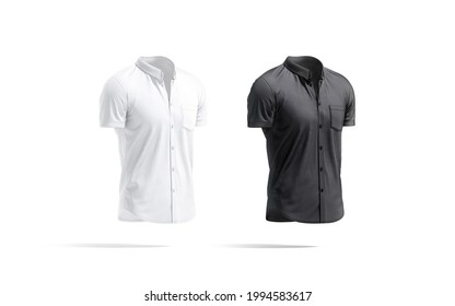 Blank Black And White Short Sleeve Button Down Shirt Mockup, 3d Rendering. Empty Classic Cloth Tee-shirt Mock Up, Side View, Isolated. Clear Casual Slim Poloshirt Model Template.
