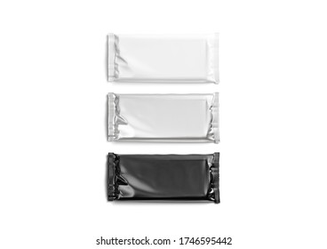 Blank Black, White And Silver Chocolate Bar Foil Wrap Mockup, 3d Rendering. Empty Rectangular Candybar Wrapping Mock Up, Top View, Isolated. Clear Sweetie Chocolat Cover Mokcup Template.