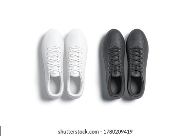 Blank Black And White Soccer Boots Pair Mockup Set, Top View, 3d Rendering. Empty Running Or Football Footwear Mock Up, Isolated. Clear Breathable Leather Sneakers For Match Template.